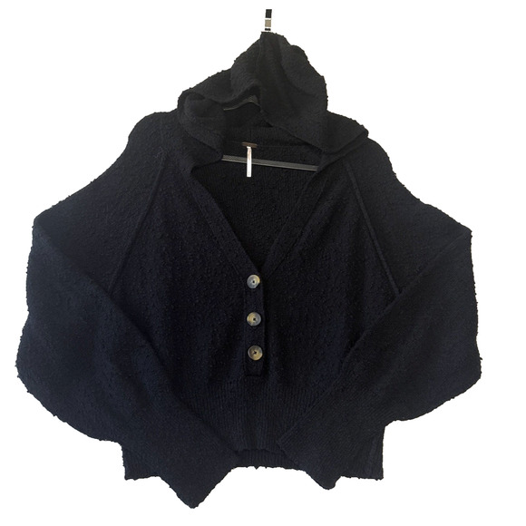 Free People Knit 3 Button Hoodie Pullover Cardigan Sz M Slub Texture Black Crop - Picture 1 of 9
